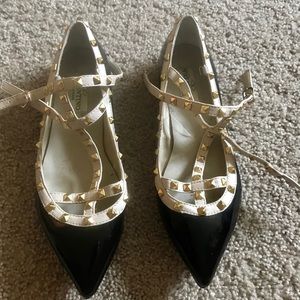 Valentino black and white gold studded flats